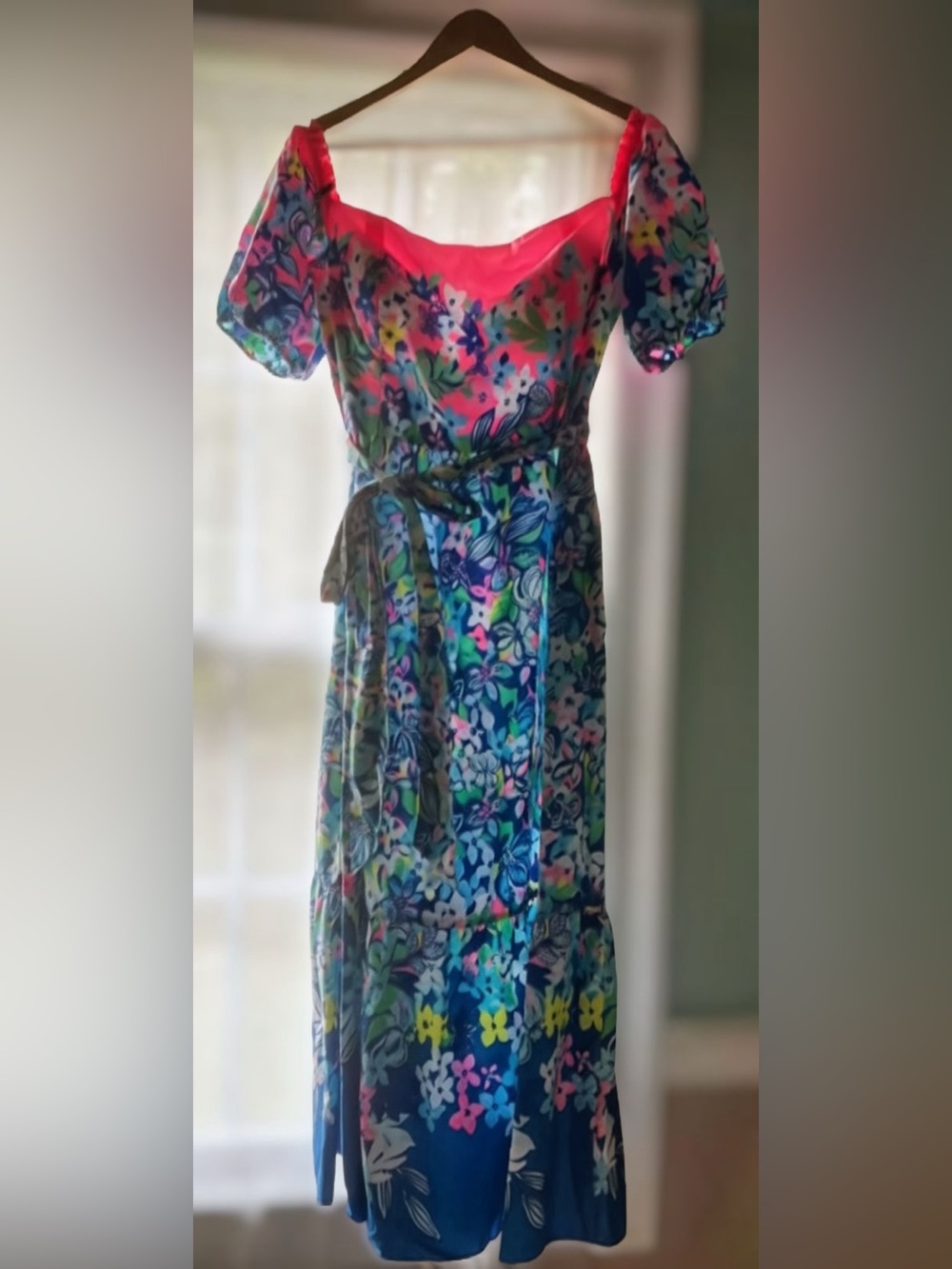 Lilly Pulitzer Pink Blue Green Floral Maxi Dress with Puff Sleeves - Picture 6 of 6